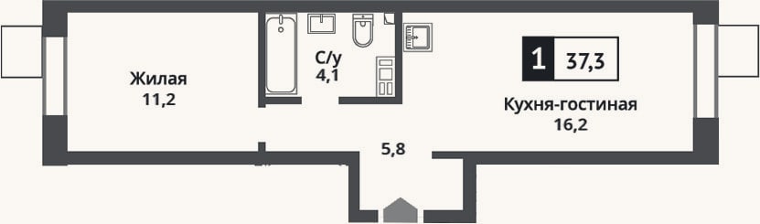 Планировка: 2-к, 37,3 м²