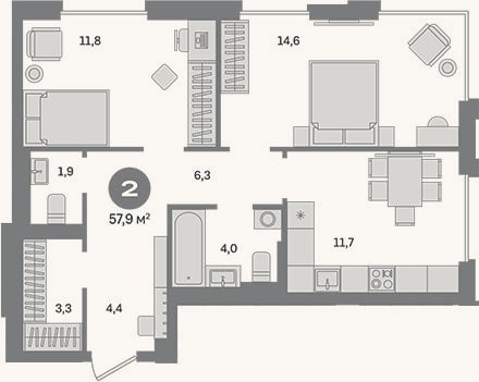Планировка: 2-к, 57,9 м²