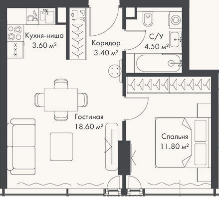 Планировка: 2-к, 41,9 м²