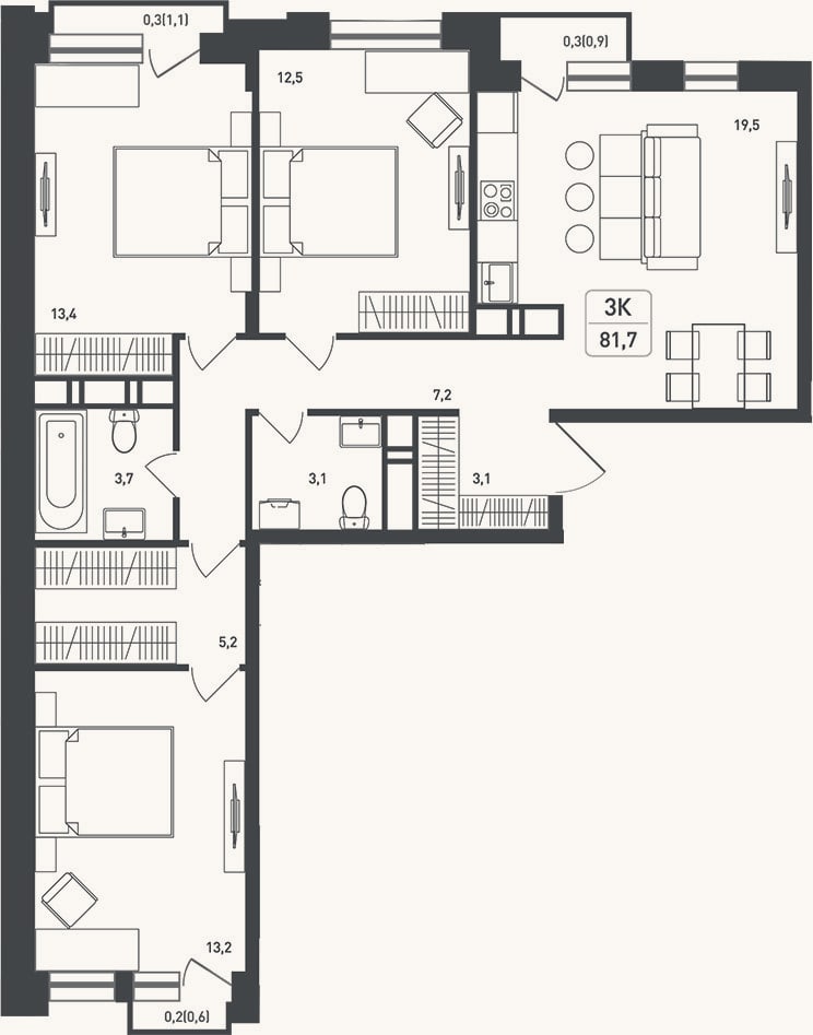 Планировка: 3-к, 84,1 м²