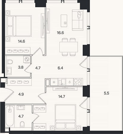 Планировка: 3-к, 70,4 м²