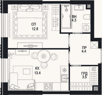 Планировка: 1-к, 38,4 м²