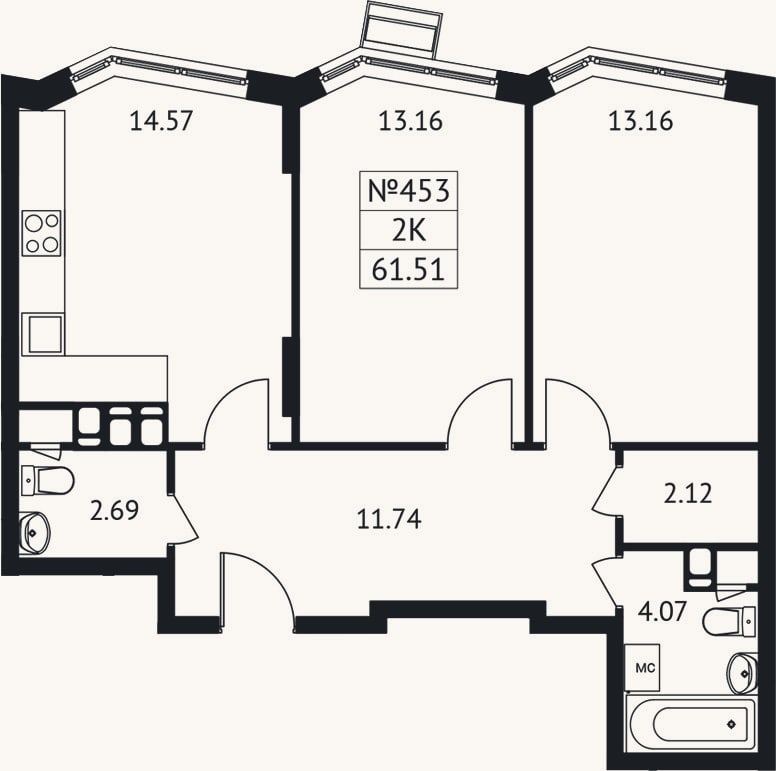 Планировка: 2-к, 61,5 м²