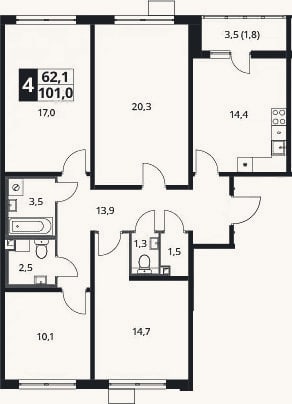 Планировка: 4+ к, 100,7 м²