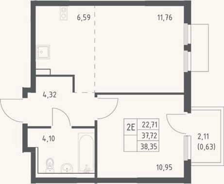 Планировка: 2-к, 37,7 м²