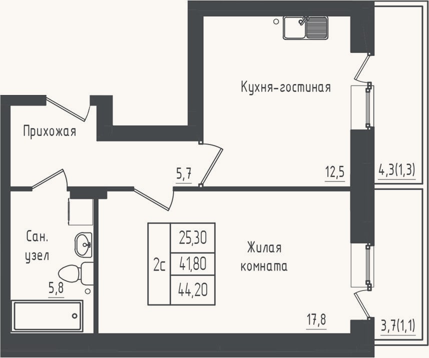Планировка: 1-к, 41,8 м²