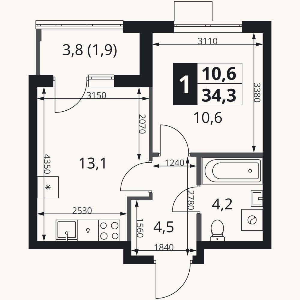 Планировка: 1-к, 32,4 м²