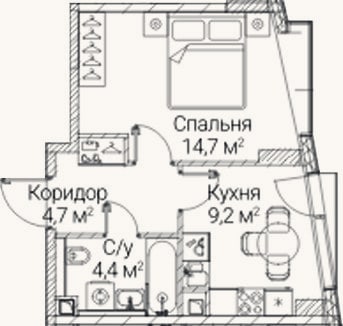 Планировка: 1-к, 33 м²