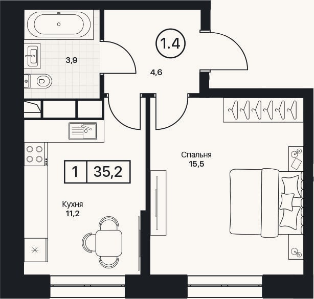 Планировка: 1-к, 35,2 м²