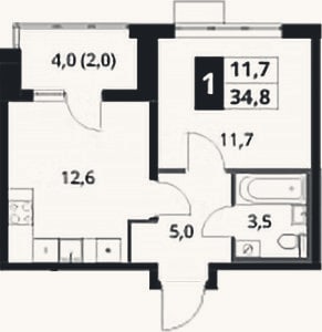 Планировка: 1-к, 32,8 м²