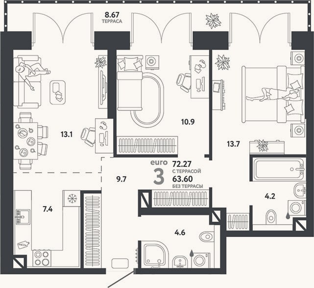 Планировка: 3-к, 63,6 м²