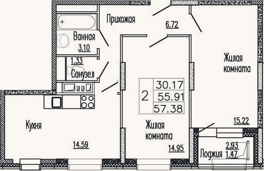 Планировка: 2-к, 55,9 м²