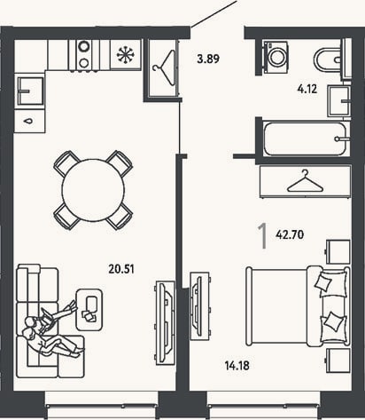 Планировка: 1-к, 42,7 м²