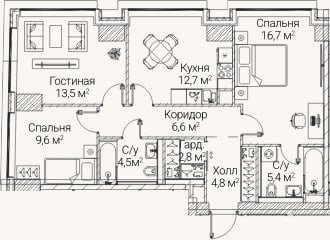 Планировка: 3-к, 76,4 м²