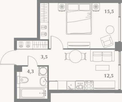 Планировка: 1-к, 35,8 м²