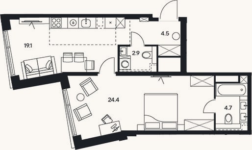 Планировка: 2-к, 55,6 м²