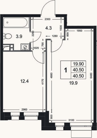 Планировка: 1-к, 40,5 м²