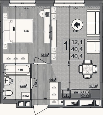 Планировка: 2-к, 40,4 м²