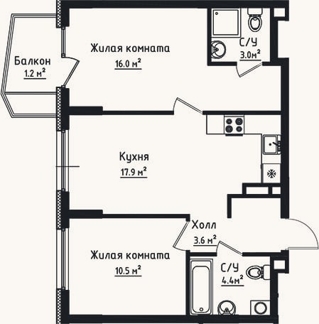 Планировка: 2-к, 55,4 м²