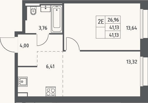 Планировка: 2-к, 41,1 м²