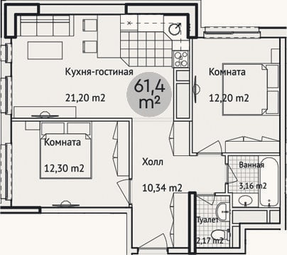 Планировка: 3-к, 61,4 м²
