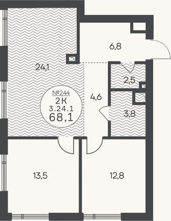 Планировка: 2-к, 68,1 м²