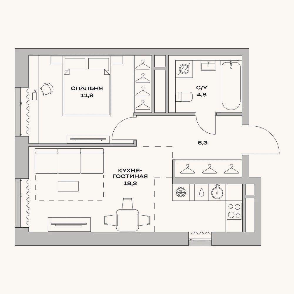 Планировка: 2-к, 41,3 м²