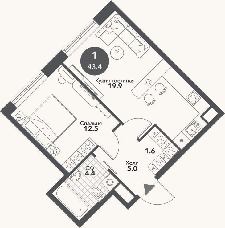 Планировка: 2-к, 43,4 м²