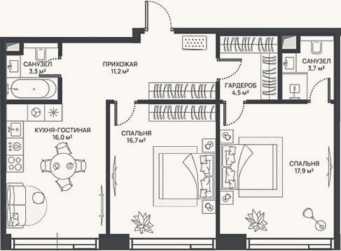 Планировка: 3-к, 73,3 м²