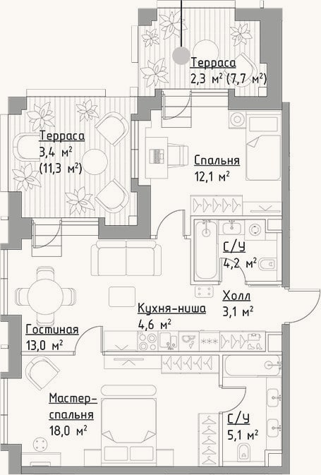 Планировка: 3-к, 60,1 м²