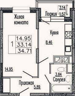 Планировка: 1-к, 34 м²