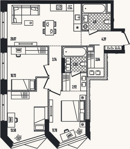 Планировка: 4+ к, 79,6 м²