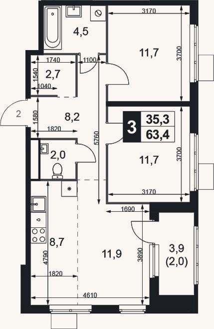 Планировка: 3-к, 61,4 м²