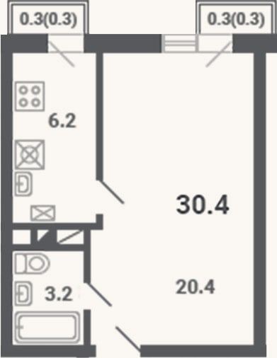 Планировка: 1-к, 29,8 м²