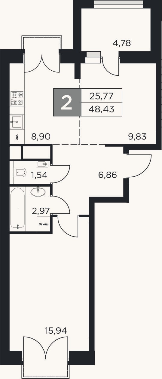 Планировка: 2-к, 46 м²