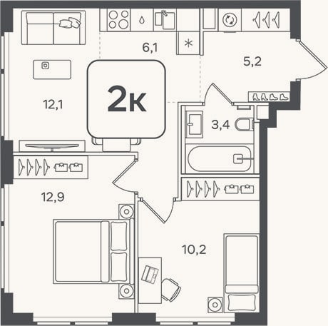 Планировка: 3-к, 49,9 м²
