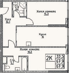 Планировка: 2-к, 67,9 м²