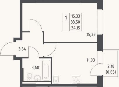 Планировка: 1-к, 33,5 м²