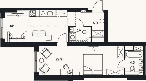 Планировка: 2-к, 54,8 м²