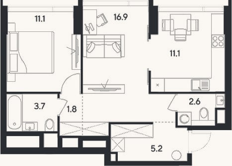 Планировка: 2-к, 52,4 м²