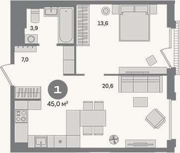 Планировка: 1-к, 45 м²