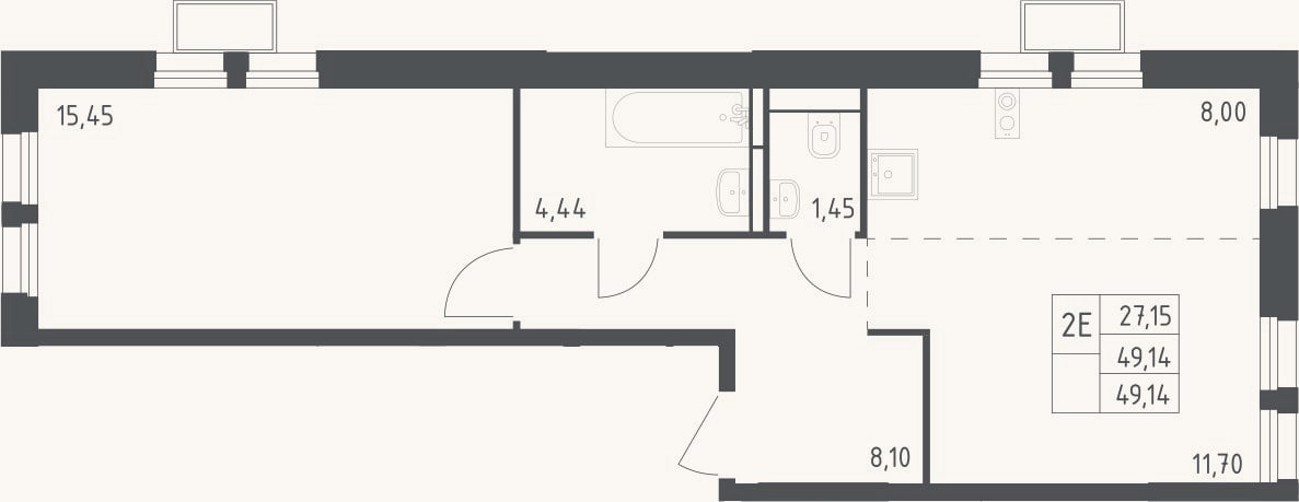 Планировка: 2-к, 49,1 м²