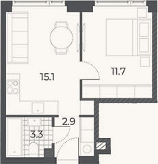 Планировка: 2-к, 33 м²