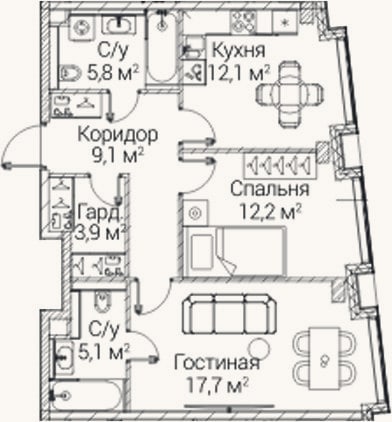 Планировка: 2-к, 65,9 м²