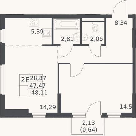Планировка: 2-к, 47,5 м²