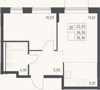Планировка: 2-к, 36,4 м²