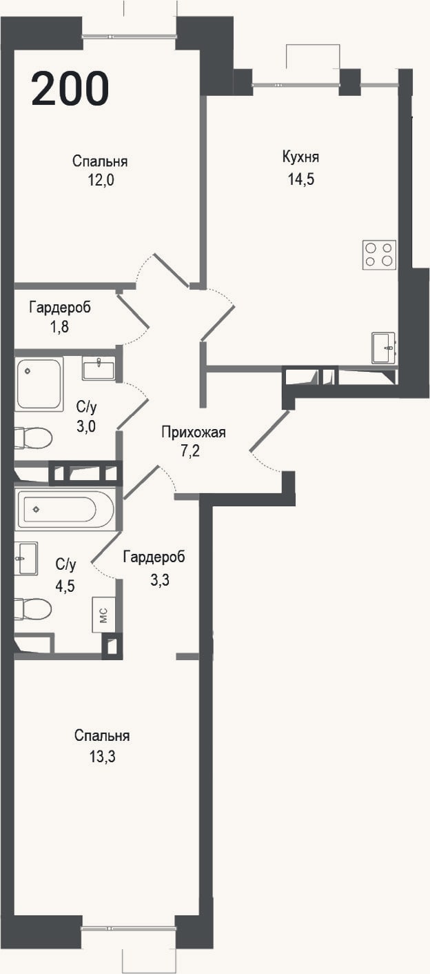 Планировка: 2-к, 59,6 м²