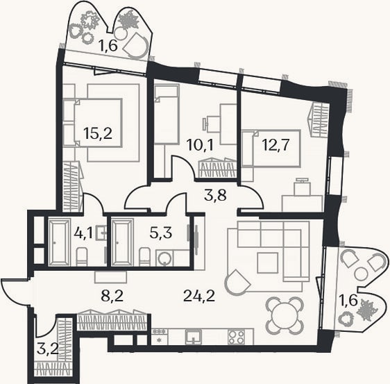 Планировка: 4+ к, 86,8 м²