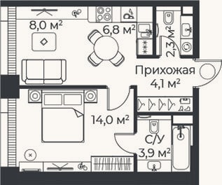 Планировка: 2-к, 39,2 м²