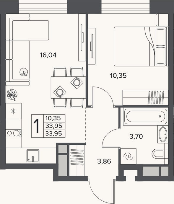 Планировка: 2-к, 34 м²